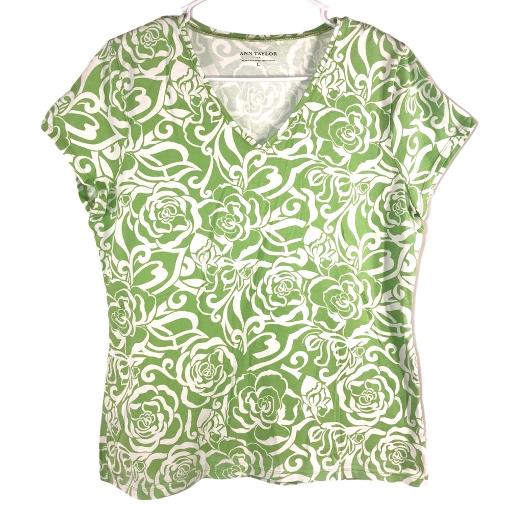 Ann Taylor Lime Green Floral Summer Cotton Top
